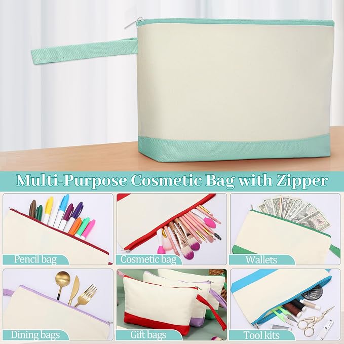 Silkfly 15 Pcs Cotton Canvas Makeup Bags Cosmetic Zipper Bags 10.2 x 5.5 x 2'' Blank DIY Pouch Bulk Pencil Case with Bottom Travel Toiletry Pouch for Women Craft Decor Gift (Novel Colors) - Image 5