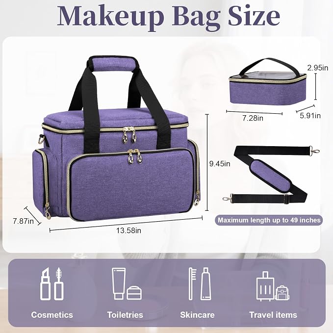 GDNasist Large Makeup Bag, Portable Travel Makeup Bag Organizer for Women Girls with 2 Removable Pouches & Detachable Dividers, Cosmetic Travel Bag, Toiletry Bag for Makeup and Hair Supplies, Purple - Image 3