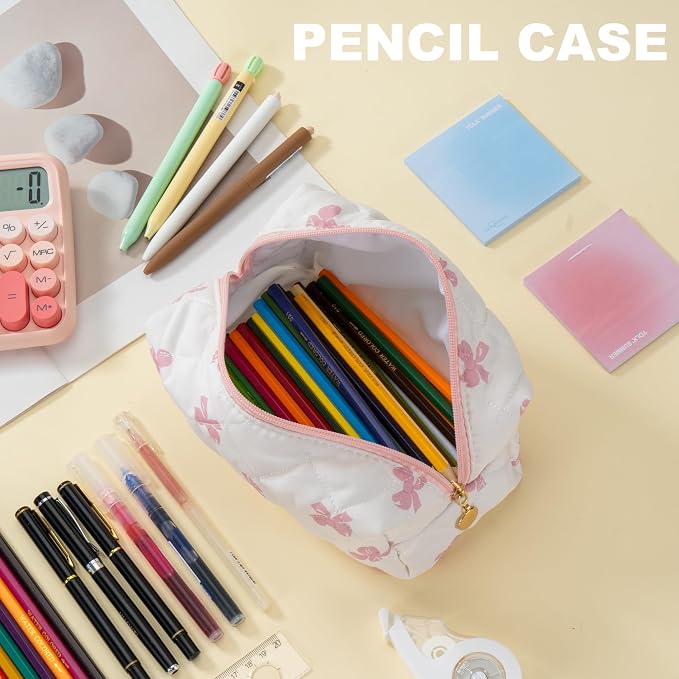 Makeup Bag Travel Toiletry Bag for Women, Small Cosmetic Bags Cute Quilted Cotton Makeup Pouch for Purse Emergency Bag Pencil Case Accessory Bag, Pink Bow - Image 6