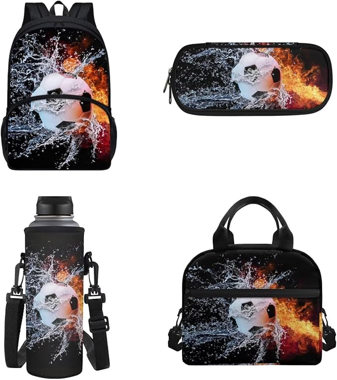 POLERO Boys Soccer School Backpack with Lunch Box Set Elementary Preschool Kindergarten Kids Pencil Case Water Bottle Holder Cover - Image 2