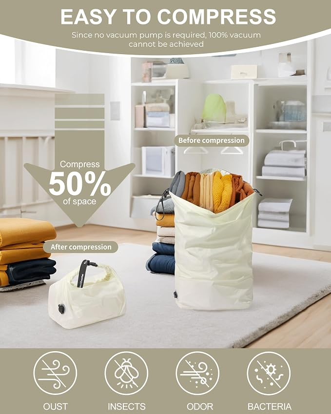 Travel Laundry Bag, Pump-free Vacuum Compression Dirty Clothes Bag, Large Reusable Waterproof & Washable Laundry Bag, Wet and Dry Bag, Ideal for Suitcases, Laundromats (1 Pack) White - Image 3