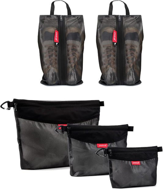 pack all Bundle | Water Resistant 2 Pcs Shoe Bag & 3 Pcs Zipper Pouch Set for Travel, Home, Outdoor by packall