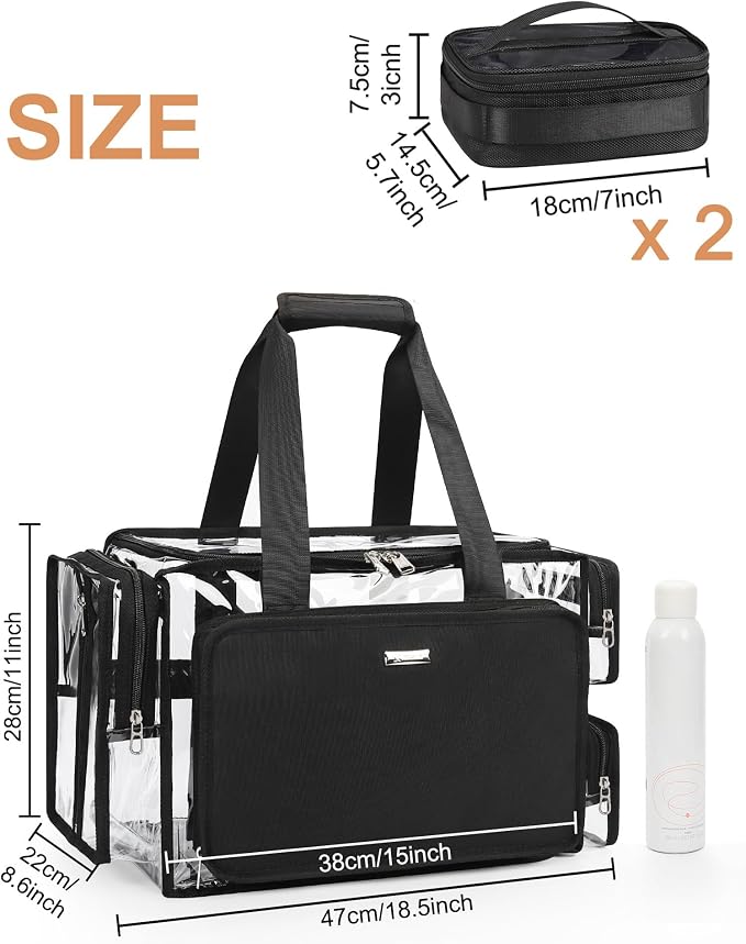 Relavel Clear Makeup Bag with 2 Small Pouches, Professional Makeup Artist Kit Set, Portable Cosmetic Storage Organizer Hair Stylist Travelling Bag with Adjustable Dividers & Shoulder Strap - Image 2