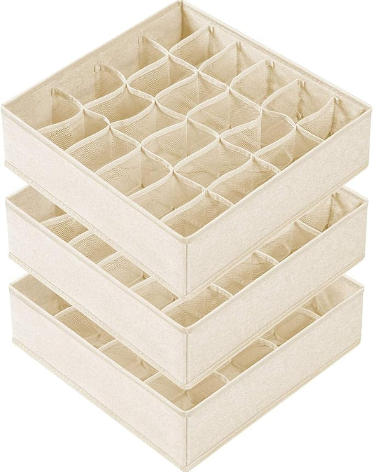 Criusia 3 Pack Sock Underwear Drawer Organizer Dividers, 64 Cell Fabric Foldable Cabinet Dresser Closet Organizers and Storage Boxes for Organizing Socks, Underwear, Ties (16+24+24 Cell, Beige) by Criusia