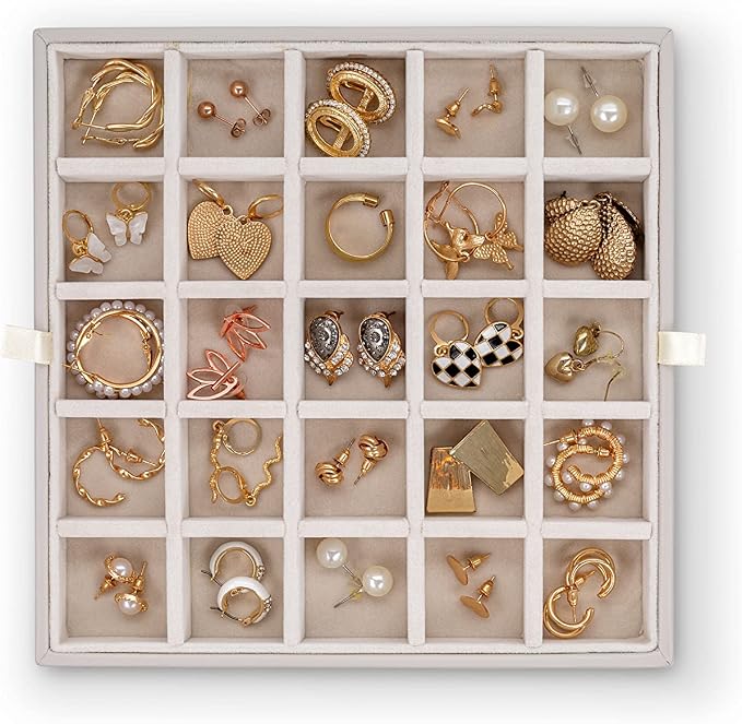 Glenor Co Earring Organizer - Classic 50 Section Jewelry Box/Case/Holder for Earrings, Rings, Necklaces, Jewelry, Cufflinks or Collections -2 Layer Small Compartments with Large Glass Top - Grey - Image 7
