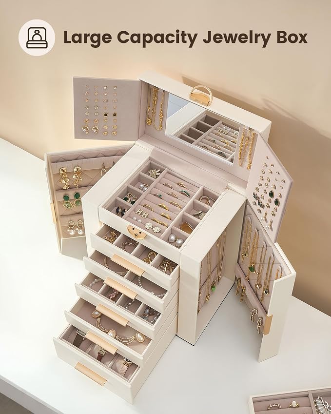 Lolalet Large Jewelry Box Organizer for Women, 6-Layer Jewelry Organizers and Storage Case with Mirror & 5 Drawers, Lockable Watch Ring Earring Bracelet Necklace Holder Girls Gift -6Layer, Beige - Image 2