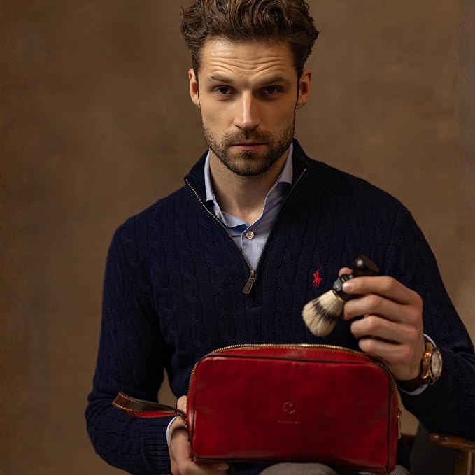 Time Resistance Leather Cosmetic Bag - Italian Toiletry Dopp Kit (Red) - Image 3