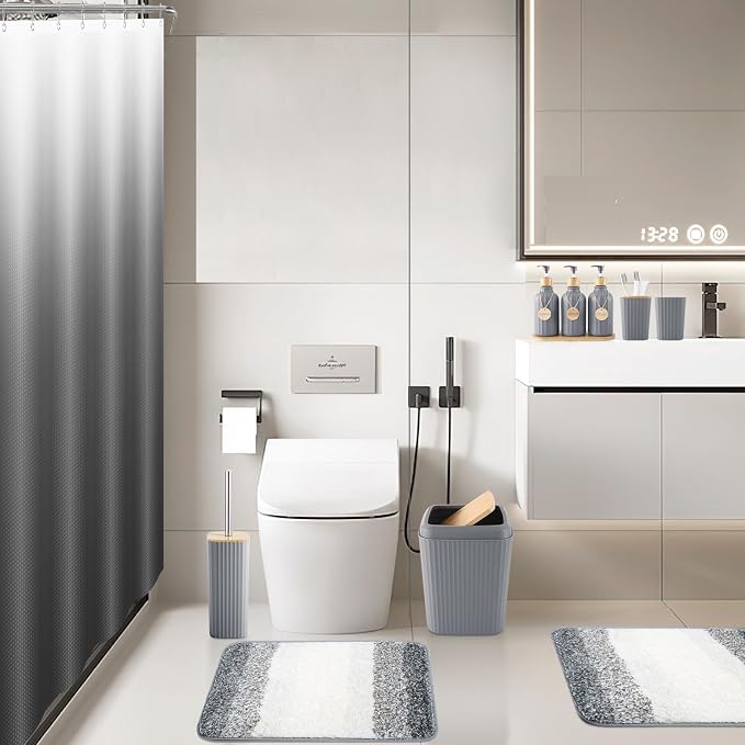 32PCS Grey Bathroom Accessories Set with Shower Curtain,Rugs,Trash Can,3PCS Lotion Soap Dispenser, Toothbrush Holder, Soap Dish,Tumbler Cup,6PCS Wood Tags Bath Accessories with Tray for Bathroom - Image 7