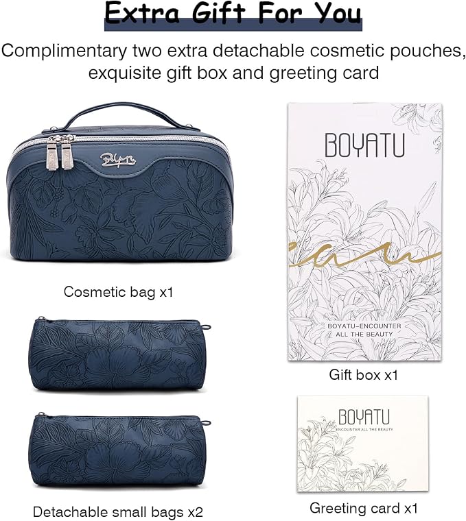 BOYATU Travel Makeup Bags Cosmetic Organizer Bag: 3-Set Large Capacity Make up Bag - PU Leather Toiletry Bags for Women - Wide Open Portable Pouch with Divider & Handle (02-Dark Blue) - Image 6