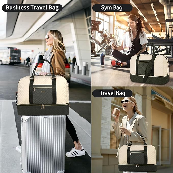 Wogarl 3PCS Weekender Bags for Women Large Overnight Bag Weekend Travel Duffel Bag Carry on Shoulder with Shoe Compartment Canvas Toiletry Bag for Travel Business Gym,Black Beige Green - Image 6