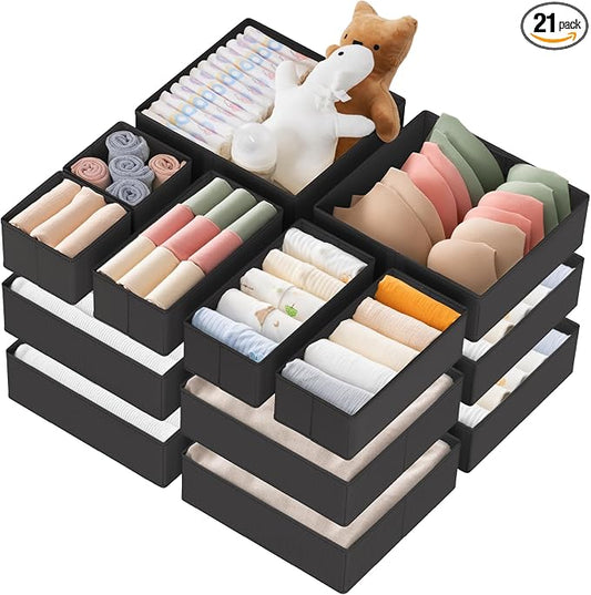 Criusia Drawer Organizer Clothes, 21 Pack Dresser Organizer for Baby Clothes, Underwear, Sock - Foldable Closet Organization and Storage Dividers Bins for Nursery, Bedroom (Black) by Criusia