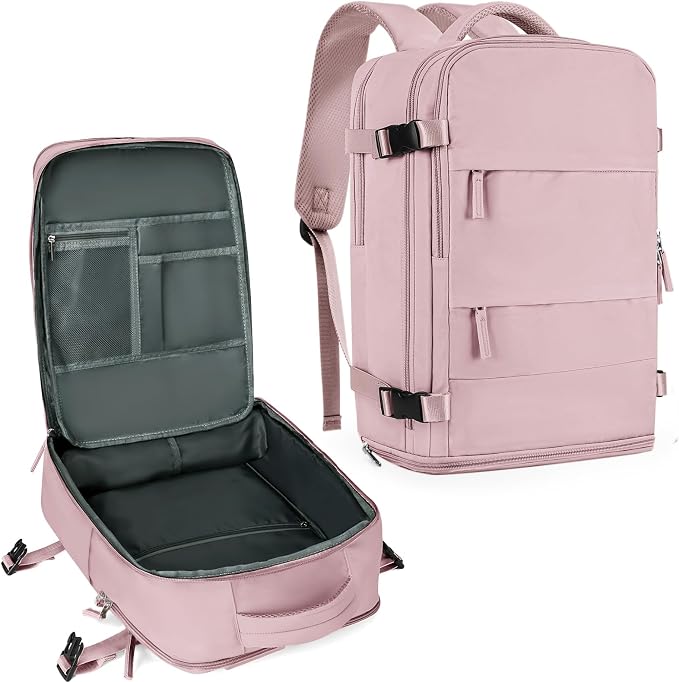 coowoz Large Travel Backpack For Women Men,Carry On Backpack Flight Approved,Hiking Backpack Waterproof Outdoor Rucksack Casual Daypack Fit 15.6 Inch Laptop Shoes Compartment (Pink Purple-L) by coowoz