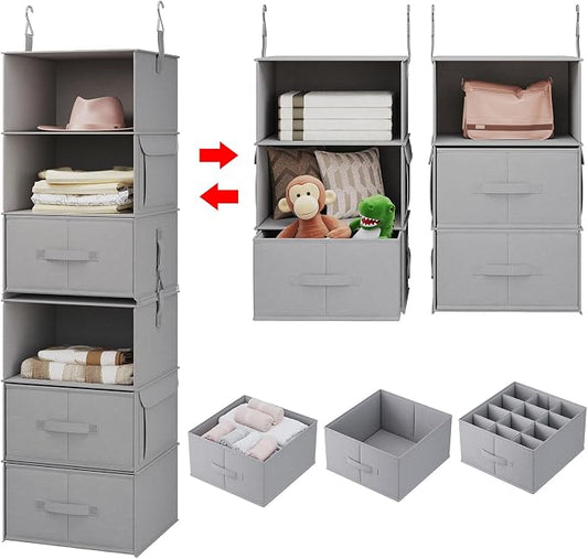 Vailando 6-Tier Hanging Shelves for Closet, Two 3-Shelf Hanging Closet Organizer w/ 4 Side Pockets and 3 Drawers, Combinable for Dorm Wardrobe Organizer and RV Storage and Organization by Vailando