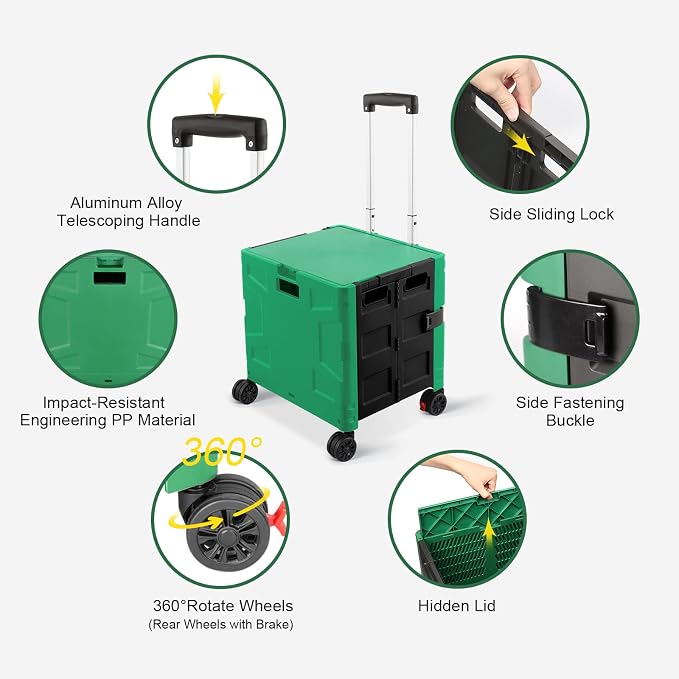 FELICON Folding Utility Cart Rolling Crate Handcart Basket-Dark Green+Black | Collapsible Hidden Lid,Plastic Box,Telescoping Handle,4 Rotate Wheels for Travel Shop Move Grocery Laundry Office Teacher Use - Image 2