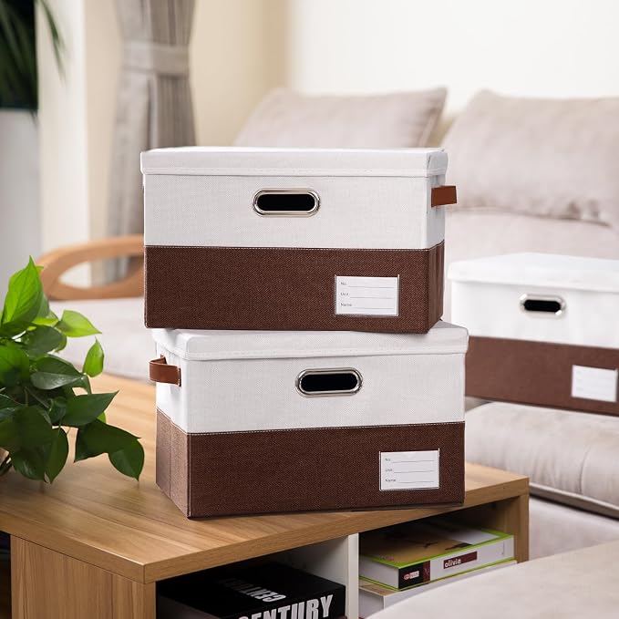 PRANDOM Foldable Storage Bins with Lids [3-Pack] Fabric Collapsible Storage Boxes Baskets Cubes Containers with Handles for Closet Living Room Bedroom (Brown & White 17.7x11.8x11.8'') - Image 2