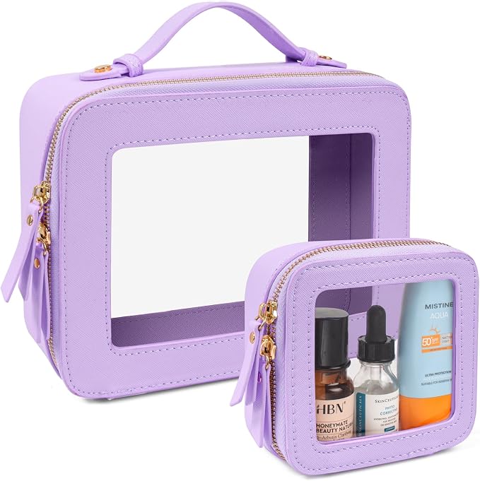LETGO 2 Pack Clear Travel Toiletry Bag for Women,Large & Mini Waterproof PU TSA Approved Cosmetic Pouches, Portable Beach Vacation Makeup Organizer Set,See Through Skincare Sunscreen Bags for Women by LETGO