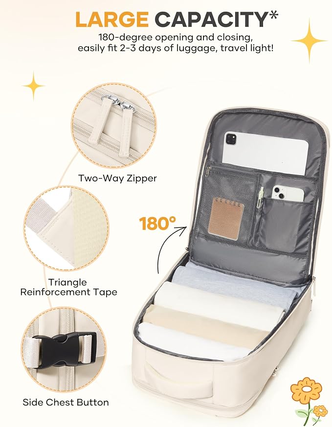 coofay Beige Travel Backpack For Women Men Airline Approved Personal Item Carry On Flight Approved Waterproof Backpack For Traveling On Airplane Weekender Travel Bag - Image 5