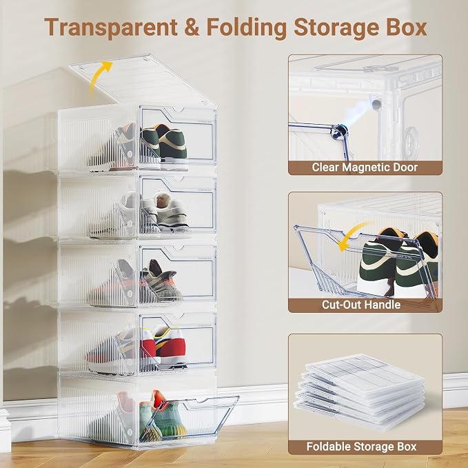 XX-Large Shoe Sneaker Storage Boxes for Size 14, Stackable & Thicken Clear Plastic Shoe Organizers 12 Packs for Entryway Closet Under Bed, Shoe Storage Cabinets Container Display Case w/ Magnetic Door - Image 5