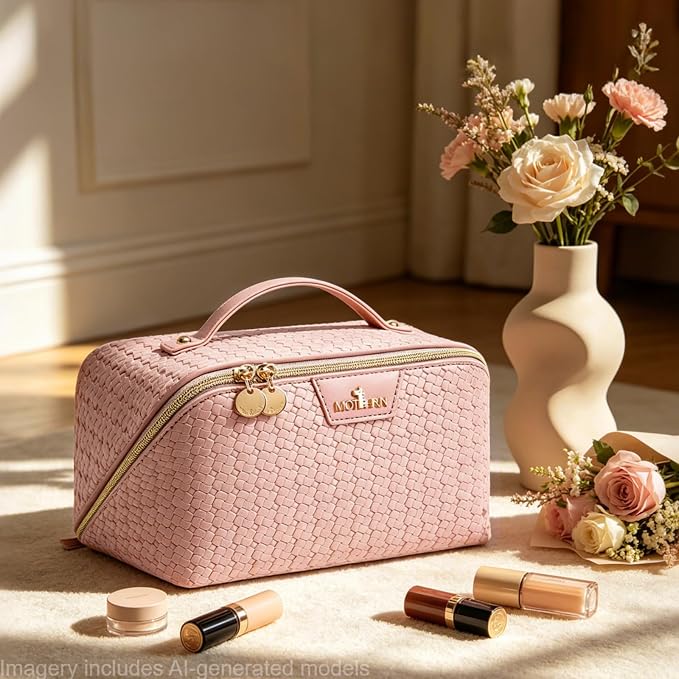 Travel Makeup Bag for Women: 3 Pcs Set Cosmetic Bags for Women - Large Capacity Vagen Leather Hand-made for Toiletry Organizer - Waterproof Ladies Travel Flat Open Essentials for Luxury (01Pink) - Image 2