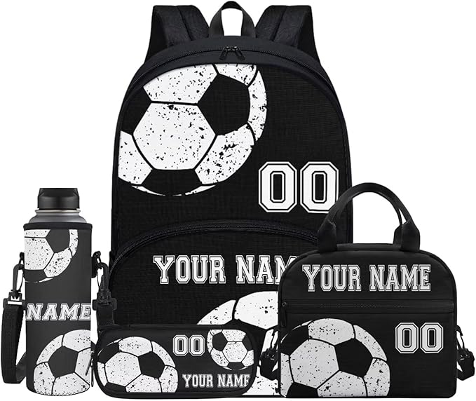 Customized Soccer Football Black School Bookbag Set for Boys Girls 4 Piece Ball Laptop Backpack Lightweight Lunch Bag Carry on Backpack Pencil Pen Pouch Organizer Water Bottle Bags by Jndtueit