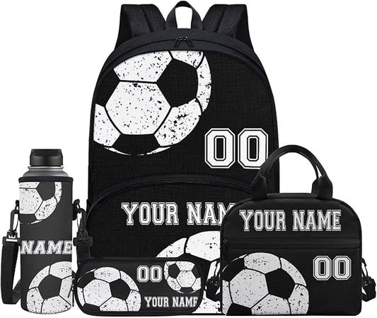 Customized Soccer Football Black School Bookbag Set for Boys Girls 4 Piece Ball Laptop Backpack Lightweight Lunch Bag Carry on Backpack Pencil Pen Pouch Organizer Water Bottle Bags by Jndtueit
