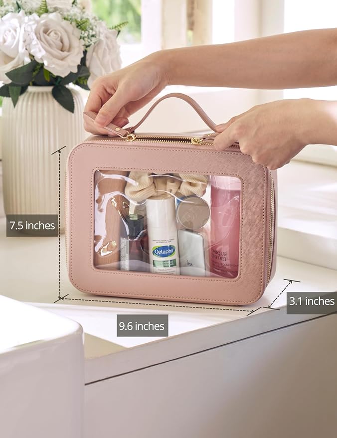Popvibe Clear Makeup Case Set Pink Toiletry Bag Travel Large Clear Cosmetic Bag with Zipper, Big Make Up Bag Organizer Women Traveling TSA Approved Transparent Bag Car for Essentials - Image 3