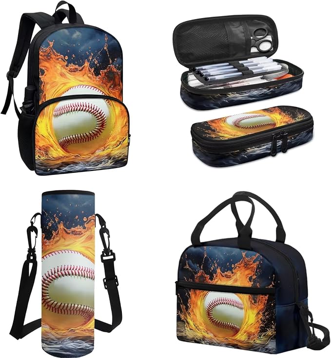 Baseball Fire Water Blue Travel School Bag Set of 4, 17 Inch Laptop Bookbag School Bag Daypack Insulated Lunch Bag Shoulder Crossbody Handbags Pen Carrying Case for Little Girls Boys - Image 2