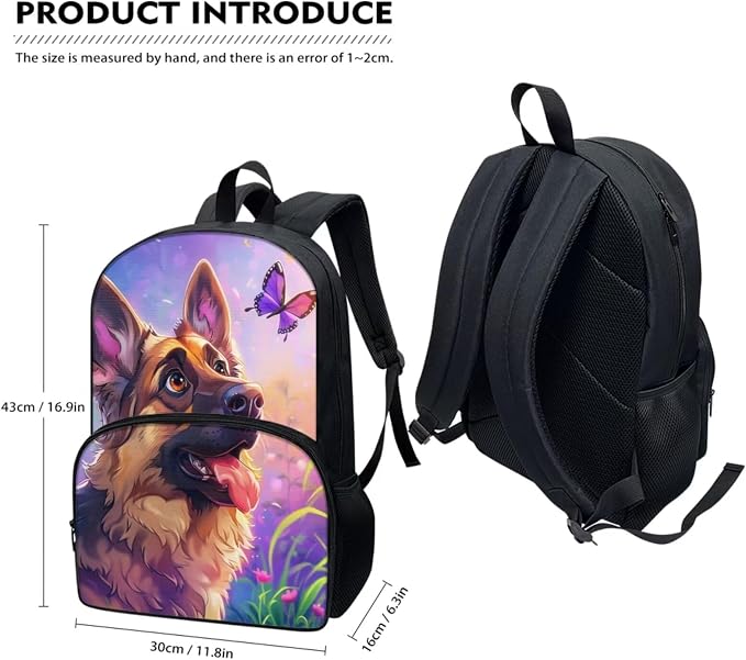 German Shepherd Backpack Set for Kids Ages 6-12, Multicolor, 3D Animal Design, 11.8 x 6.3 x 16.9 inches - Image 2