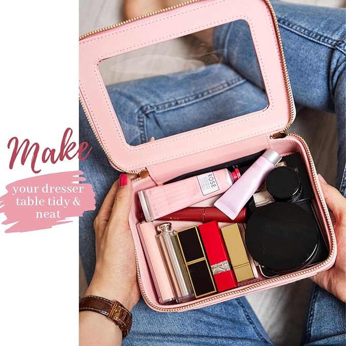 Aveniee Clear Makeup Bag Organizer Set,Portable Travel Toiletry Case for Women, Vegan Leather Cosmetic Pouch Car Bag for Essentials 2pcs,Middle & Large,Pink - Image 6