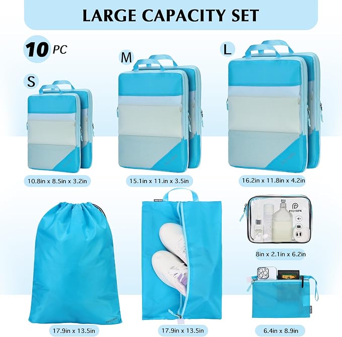 PFEYRPK Lightweight Compression Packing Cubes for Suitcases, Compressible Expandable Travel Packing Organizer with Clear Toiletries and Backpack Bag, Travel Essentials for Carry on Luggage 7 Set - Image 7