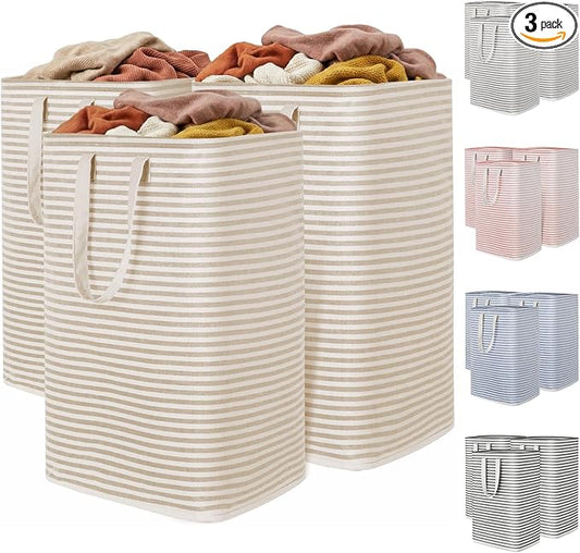 Lifewit 3 Pack Laundry Basket 80L Each, Collapsible Clothes Hamper with Reinforced Handles, Freestanding Waterproof Design for Bedroom and Laundry Room, Beige 240L Total by Lifewit