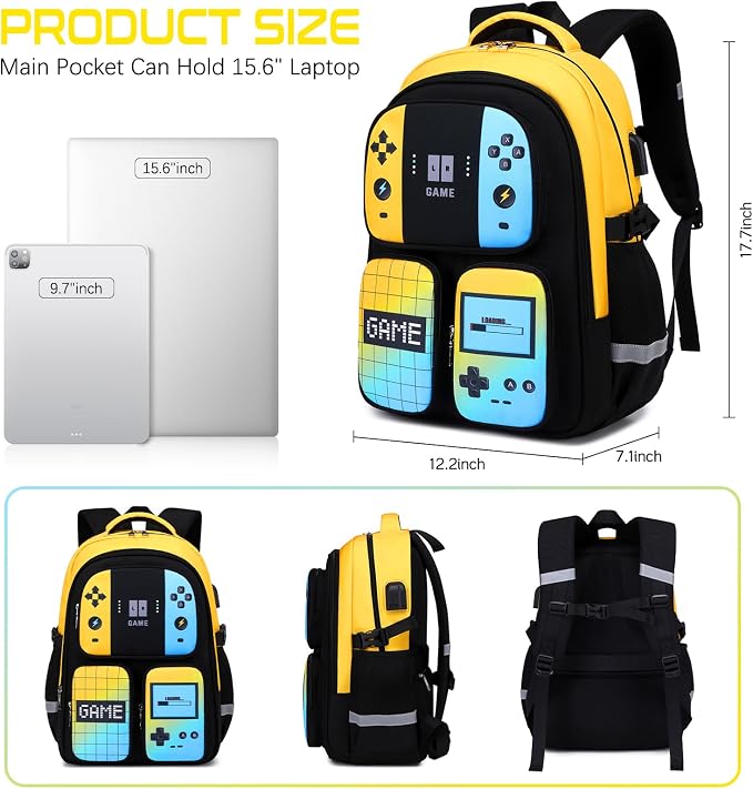 Gamer Backpack for Boys , 3PCS Boys Backpack with Lunch Box & Pencil Pouch, Waterproof School Bags for Boy Kids Children Teens, Elementary Middle School, Kids Book Bag Casual Daypack (Yellow Blue) - Image 2