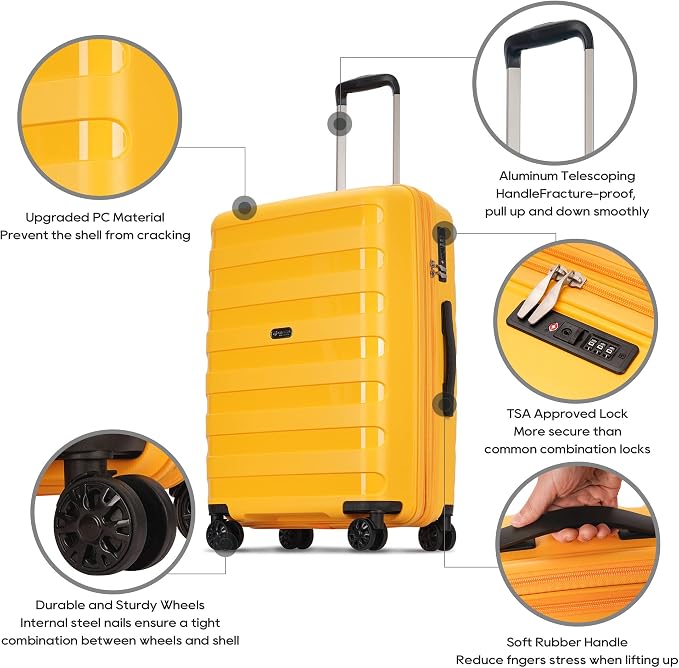 GinzaTravel PP material 3-piece expandable luggage sets with Spinner Wheels， Suitcase with TSA Lock，Large Luggage for Family Travel carry on 20/24/28，Yellow color - Image 6