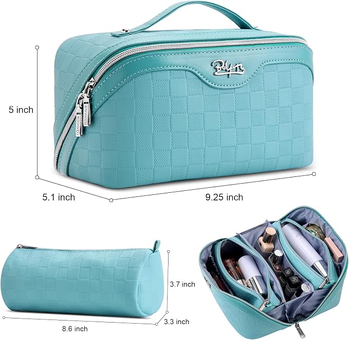 BOYATU Checkered Travel Makeup Bags: Vacation-Ready Light Blue Large Capacity Cosmetic Bag for Women - 3 Pcs Set Toiletry Organizer with Waterproof Leather - Easy to Clean Beach Trip Essential - Image 3