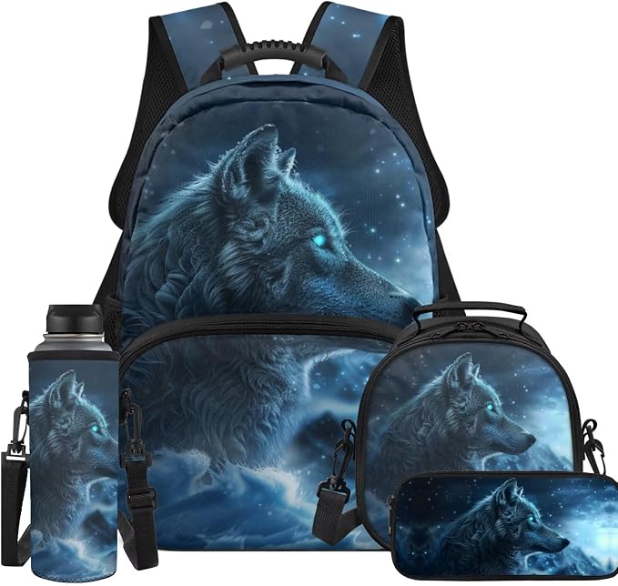 Cold Wolf Kids Backpack 4-in-1 Boys Backpack with Lunch Bag Box and portable Pencil Case Water Bottle Slevee for Kids Teens Elementary Preschool Kindergarten Primary School 7″Large Capacit by Unknown