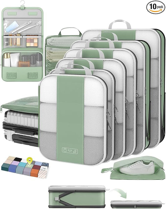 OlarHike 10 Set Compression Packing Cubes for Travel Essentials,Compressible Expandable Space Saver Bags for Organizing Clothes,Luggage Garment Bags with Over 1000 pcs Mesh Holes(Matcha Green) by OlarHike