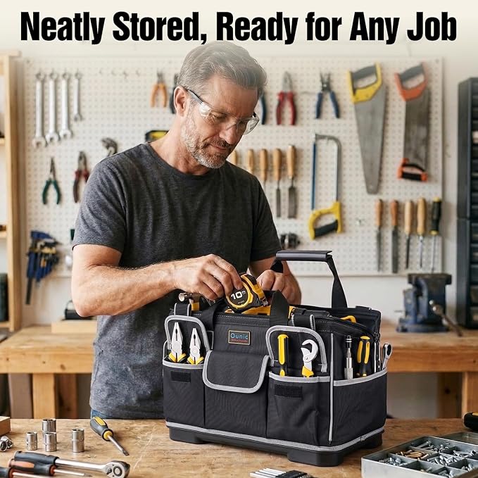 Tool Bag, Ounic 16 Inch BigTool Tote Bag Heavy Duty With Waterproof Molded Base, Wide Mouth Tool Box Organizer with Adjustable Shoulder Strap for Electrician Mechanic Craftsman Plumbers(Black) - Image 8