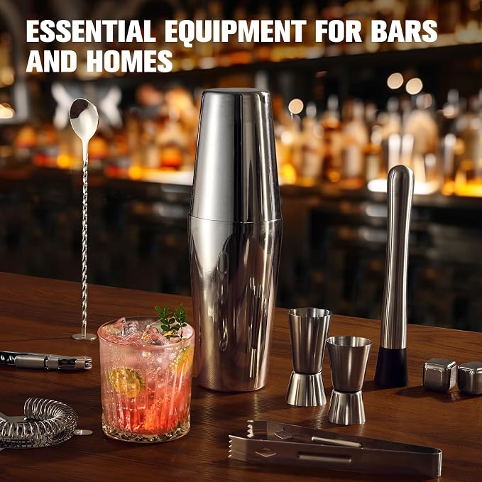 KINGROW Cocktail Shaker Set Bartender Kit, Stainless Steel Boston Bar Tools Drink Mixer Set with Stand & Recipe Booklet for Home Cocktail Making | Silver - Image 4