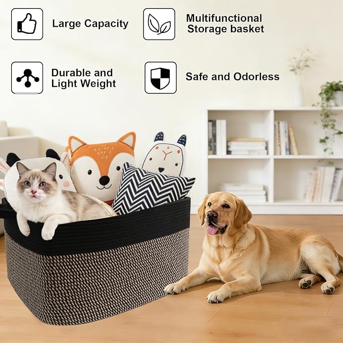 65L Collapsible Woven Rope Laundry Basket with Handles,Black/Jute | 21x16x12 Foldable Rectangular Blanket Basket for Toys, Clothes & Pillows,Ideal for Nursery, Bathroom, Bedroom, Living Room - Image 9