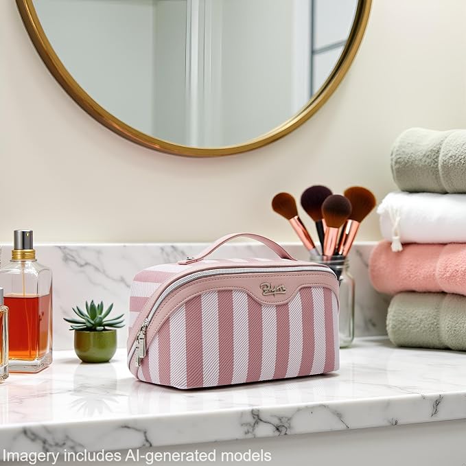 BOYATU Travel Makeup Bag Cosmetic Bag for Women: 3 Pcs Set Striped Make up Bag with Compartments - Waterproof Vegan Leather Toiletry Bags with Handle - Makeup Organizer for Travel Essentials(A-3-Pink) - Image 8