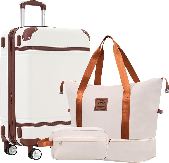 Merax Luggage Set,24 IN Hardside Suitcase with Duffel Bags,3 Piece Expandable Luggage with Spinner Wheels, Vintage Luggage with TSA Lock Lightweight,(White) by Merax