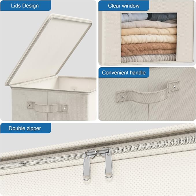 Zilink Fabric Storage Bins with Lid 4-Pack Stackable Cloth Storage Bins Sweater Organizer with Zipper & Clear Window Closet Organizers and Storage Box for Home, Office, Bedroom (Beige,17" x 12" x 12") - Image 3