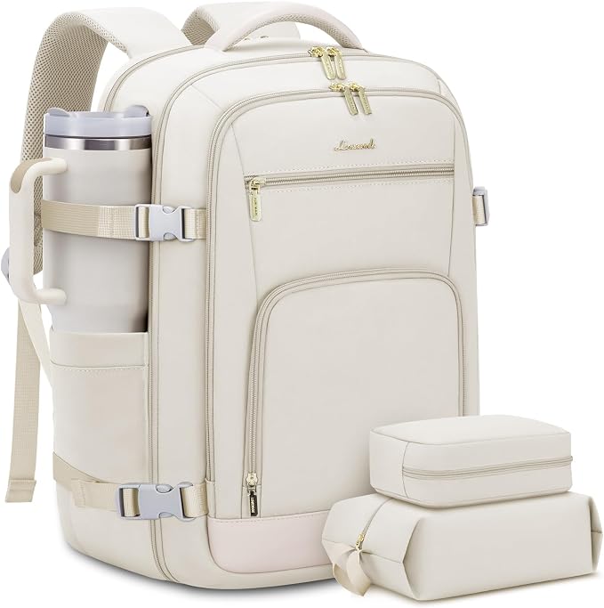 LOVEVOOK Travel Backpack For Women, 40L Carry On Backpack Flight Approved, TSA Personal Item Backpack Fits 17 Inch Laptop, Business Weekender Overnight Waterproof Daypack With 2 Packing Cubes, Beige by LOVEVOOK