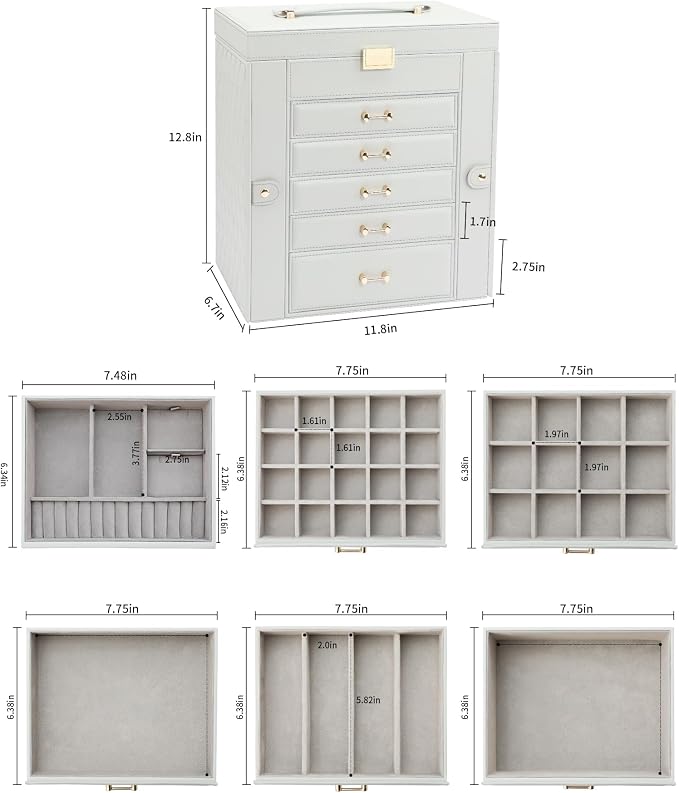 Large Jewelry Box, Jewelry Boxes for Women Large Jewelry Organizers and Storage, Jewelry Organizer for Rings Earrings Necklaces Glasses Bracelets Watches, Grey - Image 3