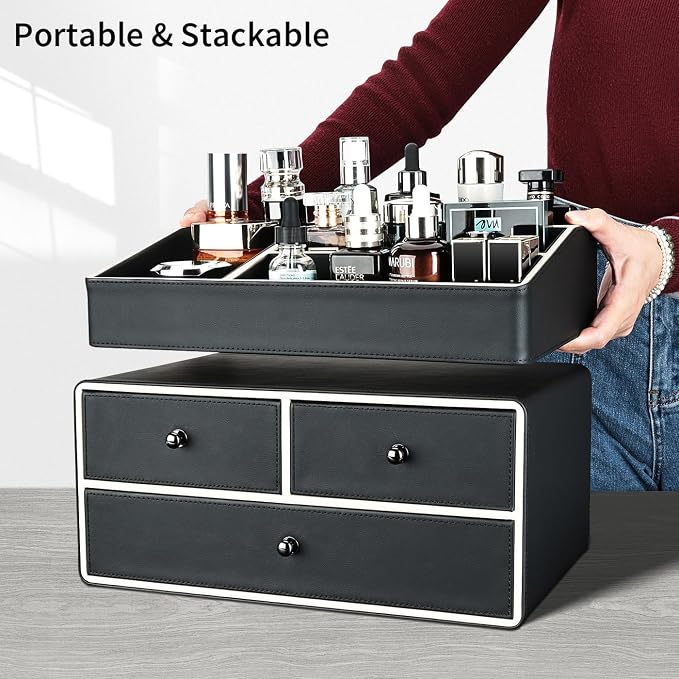 KINGFOM 2 Tier PU Leather Makeup Organizer with 3 Drawers, Cosmetic Storage Organizers for vanity Dresser Countertop and Bathroom Vanity, Beauty Holder for Lipstick Brush Skincare (Black) - Image 5