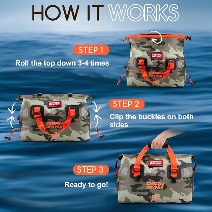 OSAH DRYPAK Waterproof Duffel Bag - Motorcycle Dry Bag Tail Bag with Large Storage Space, Waterproof Luggage Duffle Bags with Outer Mesh Zipper Pocket for Camping, Kayaking, Fishing & Traveling - Image 5