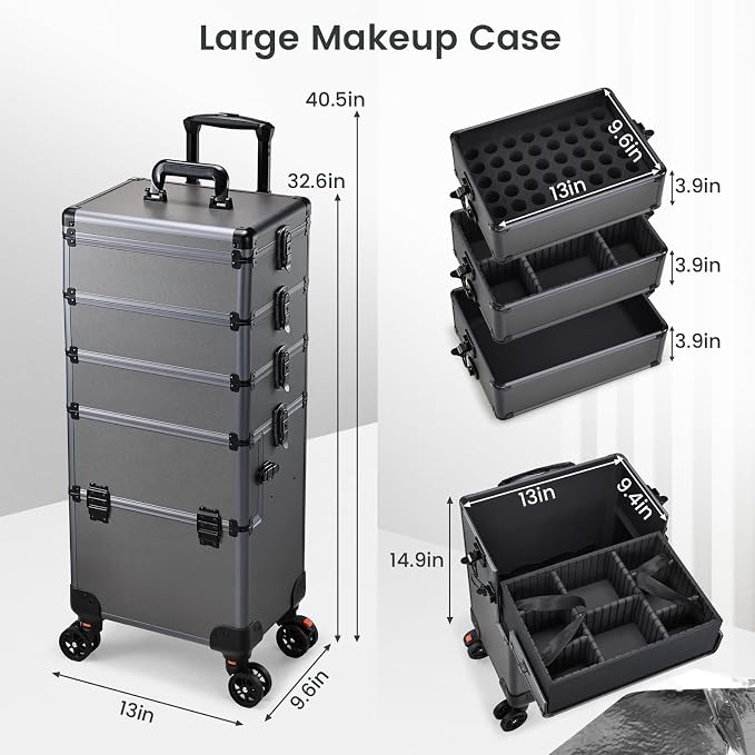 Yueieoun 5 in 1 Makeup Train Case, Cosmetology Case on Wheels Travel Make up Case Rolling Nail Cart Makeup Organizer Cosmetic Storage Box Cases Extra Large Trolley Truck, 360° Swivel Wheels, Ashy Grey - Image 7