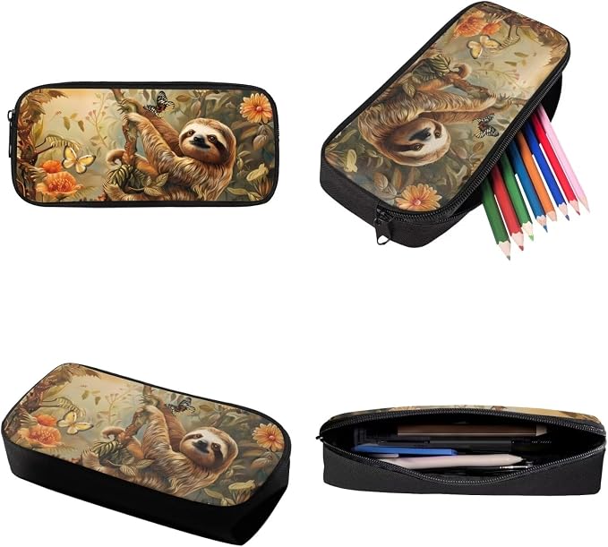Sloth Retro Flower Butterfly Print Schoolbag Set 17 Inch Backpack with Zippered Pockets Travel Laptop Computer Bag Lunch Bag Pencil Case Lightweight Rucksack Daypack for Outdoor - Image 6