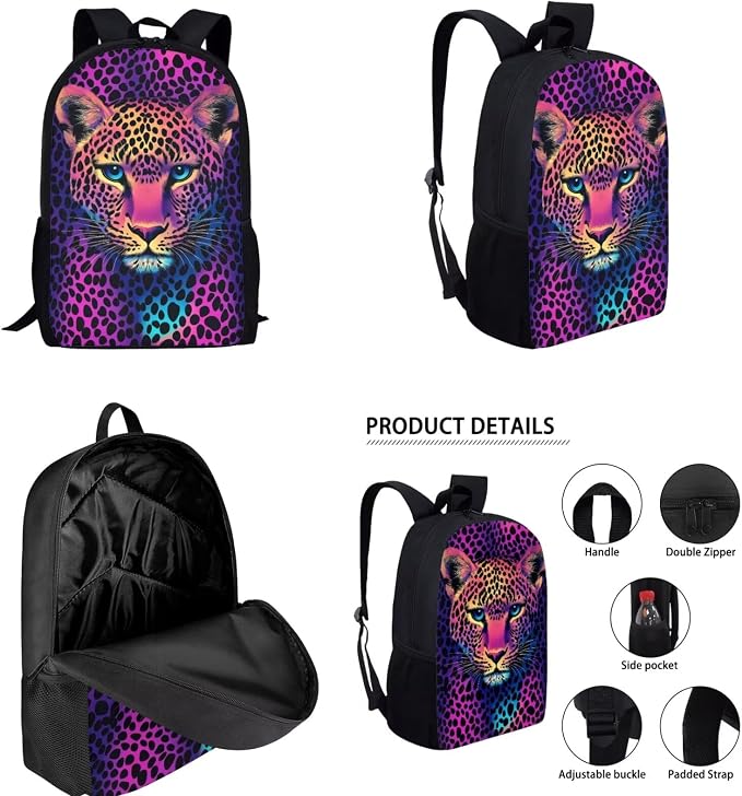 Cheetah Backpack for School Girls 2nd Grade with Lunch Box Leopard Print Elementary School Bookbag Lunch Bag Set Rainbow Book Bags Lunchbox Pencil Case Water Bottle Holder Kids Back Pack - Image 2