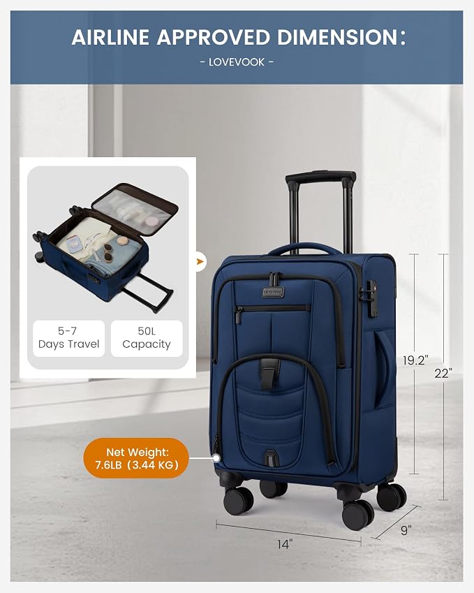 Carry On Luggage 22x14x9 Airline Approved, 22-Inch Suitcases with Spinner Wheels, Softside Carry-on Luggage with TSA Lock for Men Women Business Trip, Lightweight Large Capacity Luggage for Travel - Image 4